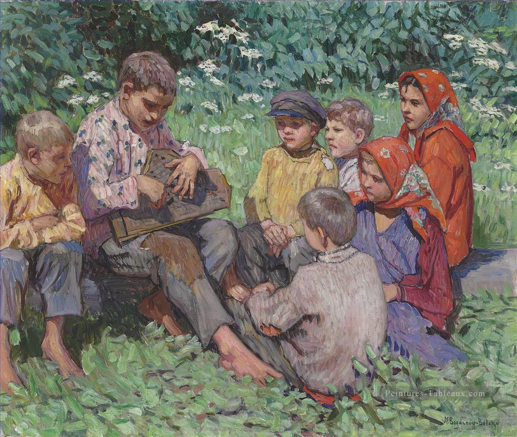 Le joueur de Zither Nikolay Bogdanov Belsky enfants impressionnisme enfant Peintures à l'huile